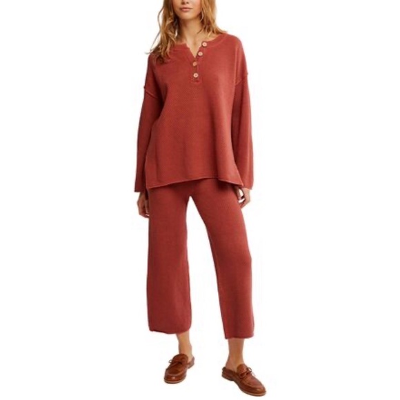 Rust Burnt Orange Sweater Lounge Set M Pants Button Long Sleeve Top New Cozy - Picture 2 of 9